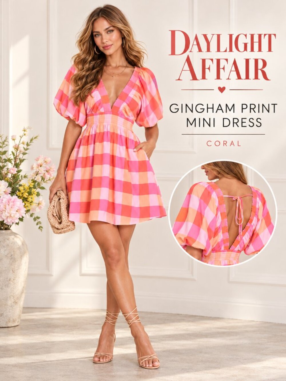 Daylight Affair Gingham Print Mini Dress Coral
